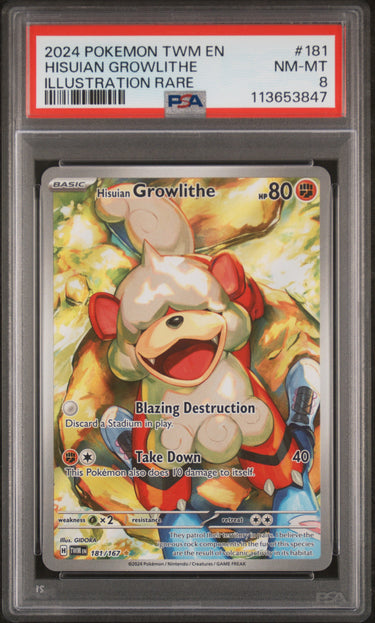 2024 POKEMON TWM EN-TWILIGHT MASQUERADE #181 HISUIAN GROWLITHE ILLUSTRATION RARE PSA 8