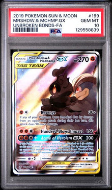 2019 POKEMON SUN & MOON UNBROKEN BONDS #199 MRSHDW.& MCHMP.GX PSA 10