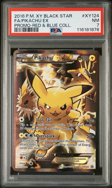 2016 POKEMON XY BLACK STAR PROMO #XY124 FA/PIKACHU EX PROMO-RED & BLUE COLL. PSA 7